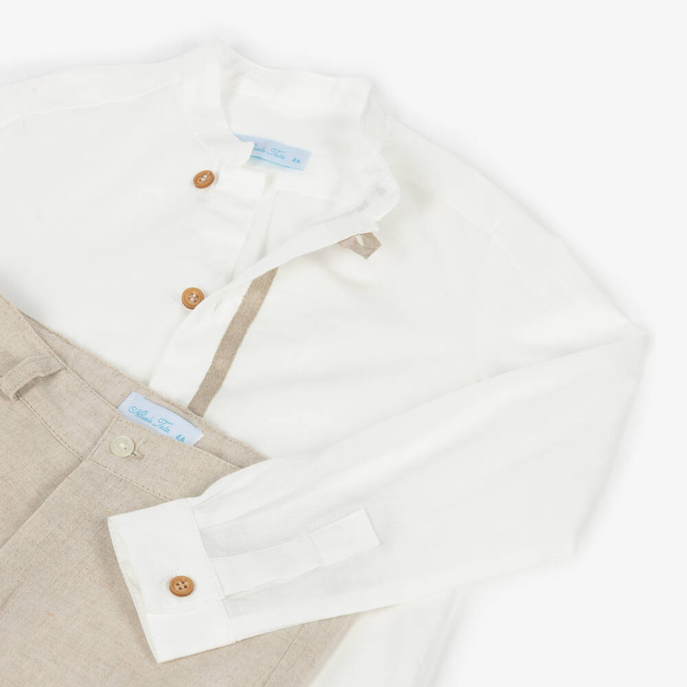 Abuela Tata-Boys White Collarless Shirt & Beige Shorts Set | Childrensalon