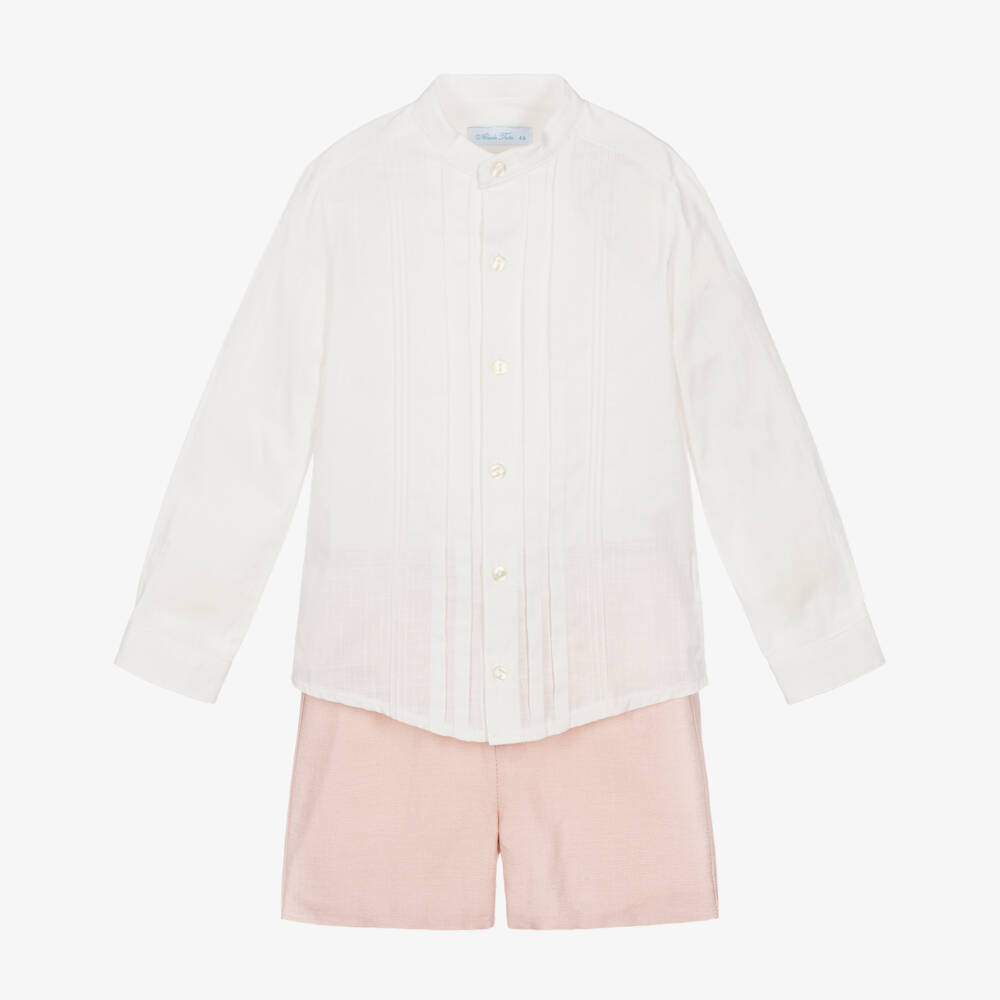Abuela Tata-Boys White Shirt & Pale Pink Shorts Set | Childrensalon