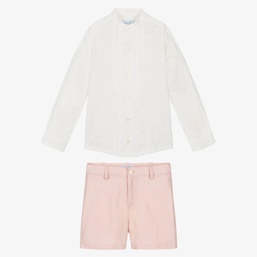 Abuela Tata-Boys White Shirt & Pale Pink Shorts Set | Childrensalon