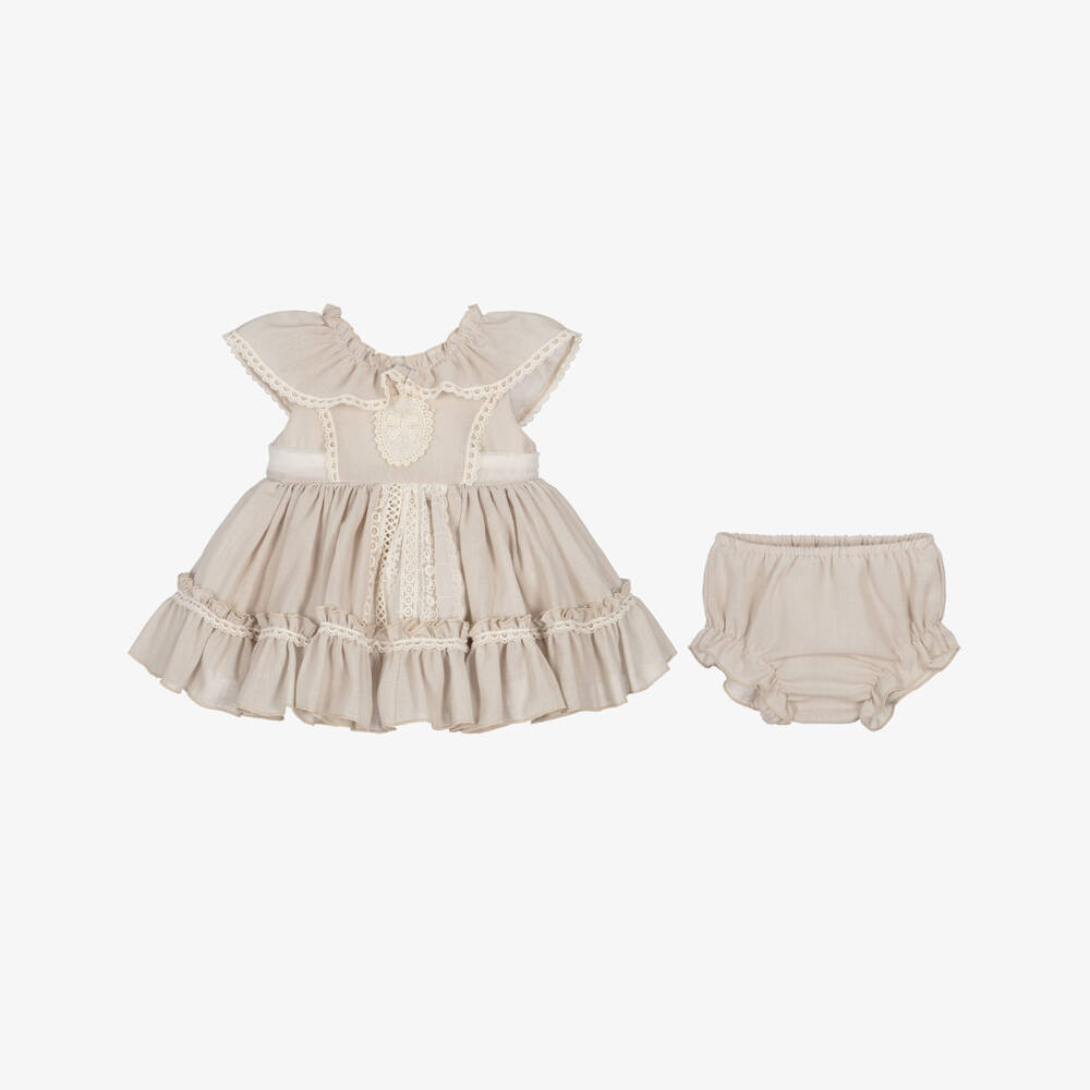 Abuela Tata-Girls Beige Cotton Dress Set with Ivory Lace Trim | Childrensalon