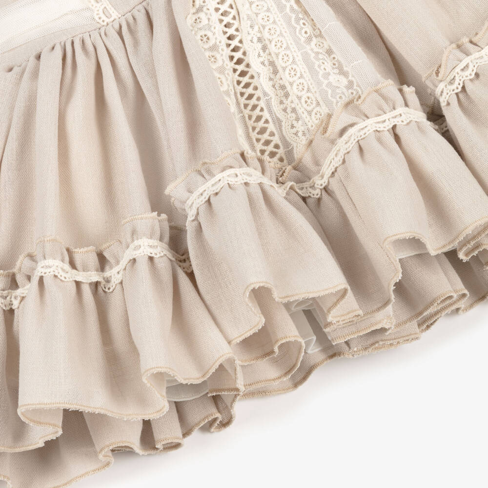 Abuela Tata-Girls Beige Cotton Dress Set with Ivory Lace Trim | Childrensalon