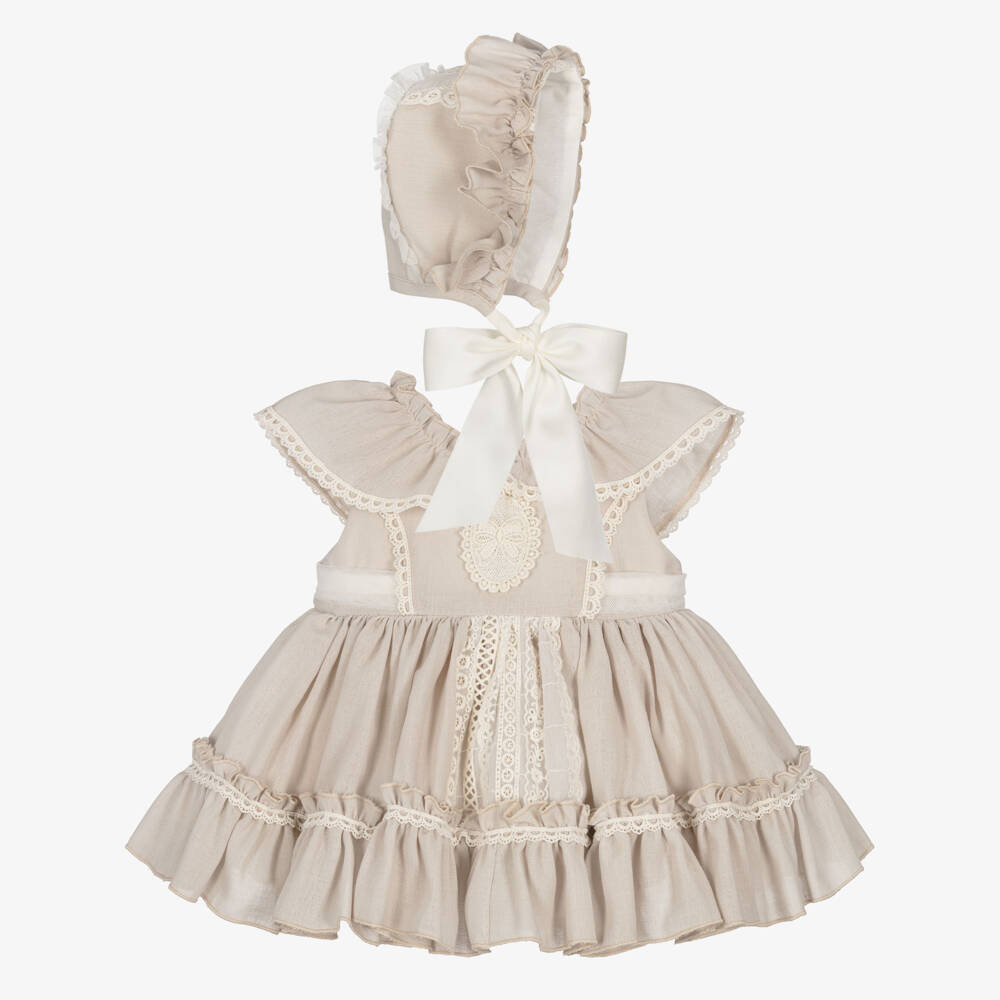 Abuela Tata-Girls Beige Cotton Dress Set with Ivory Lace Trim | Childrensalon