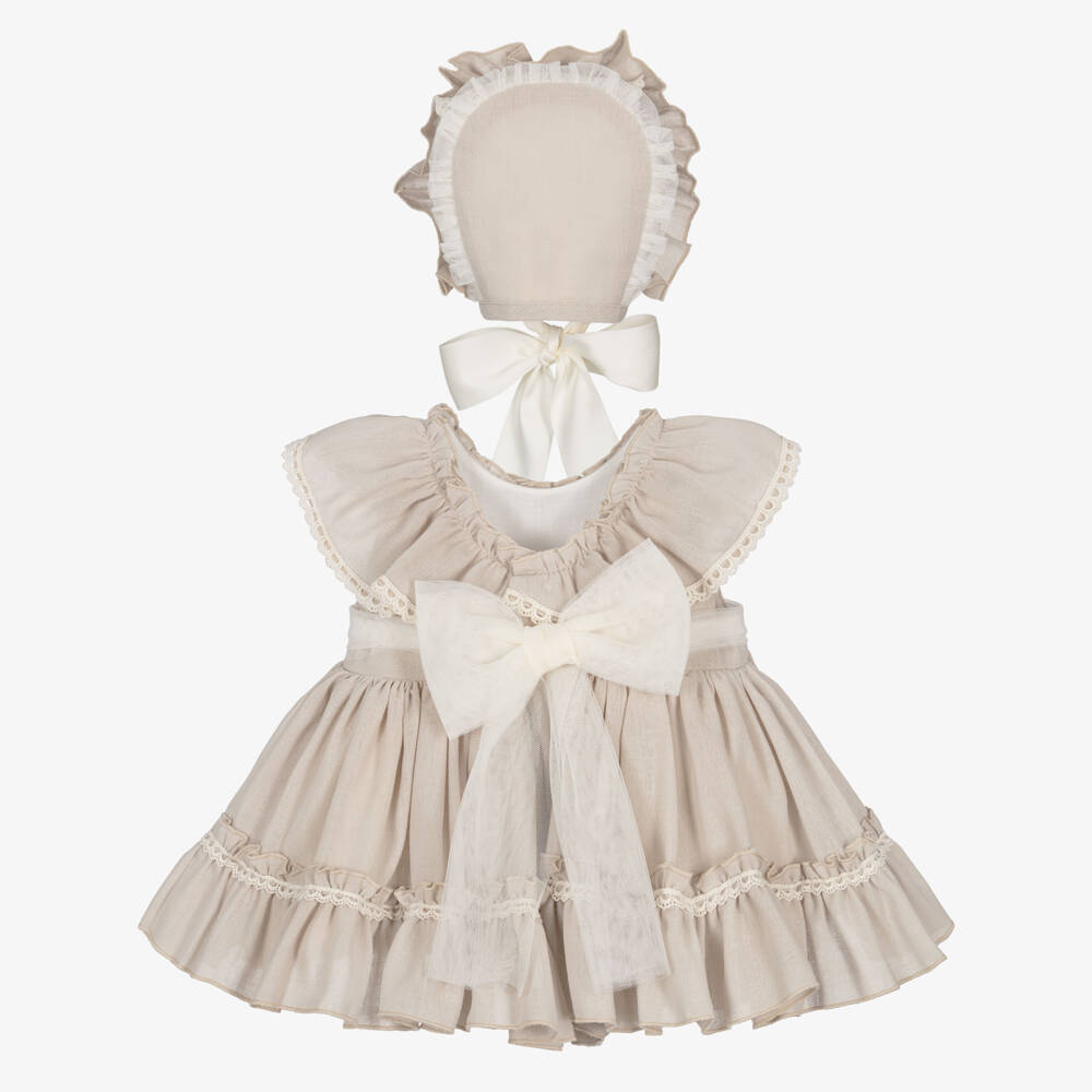 Abuela Tata-Girls Beige Cotton Dress Set with Ivory Lace Trim | Childrensalon