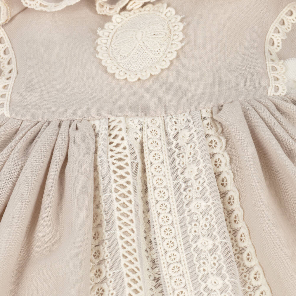 Abuela Tata-Girls Beige Dress with Ivory Lace & Tulle Trims | Childrensalon