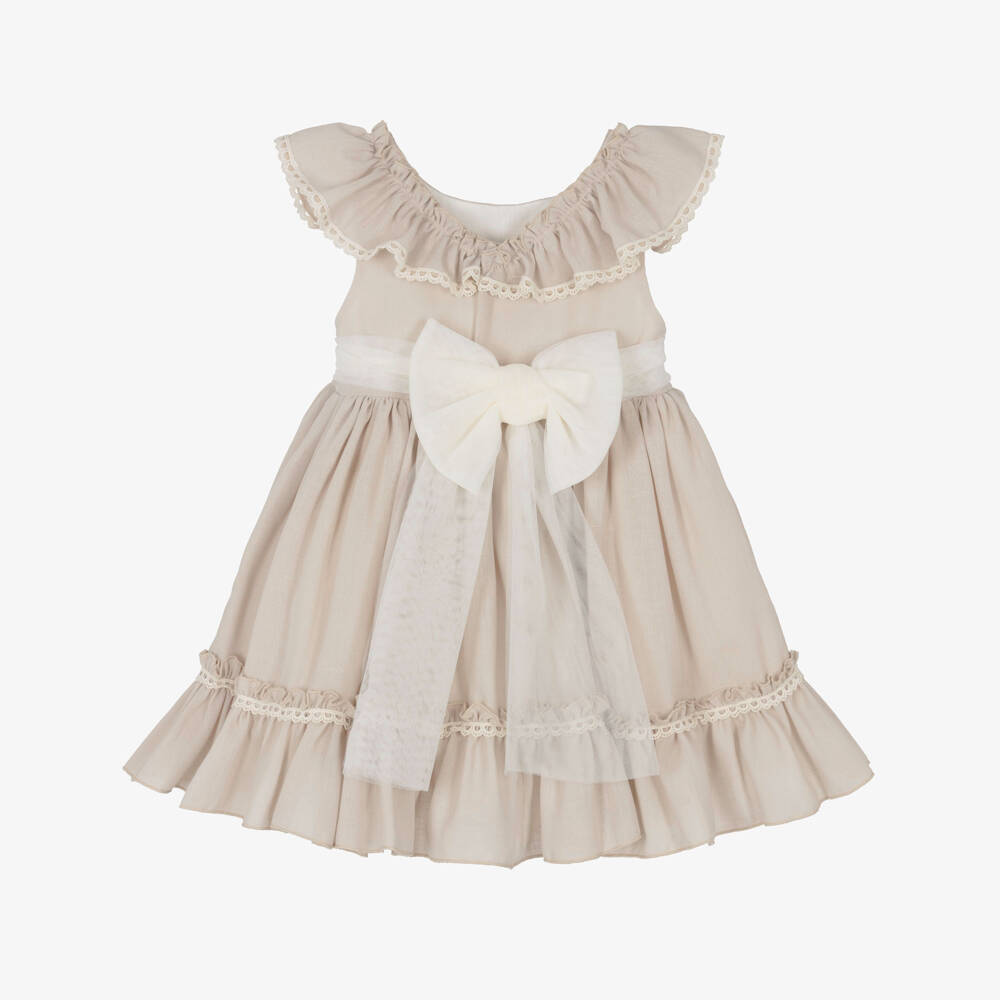Abuela Tata-Girls Beige Dress with Ivory Lace & Tulle Trims | Childrensalon