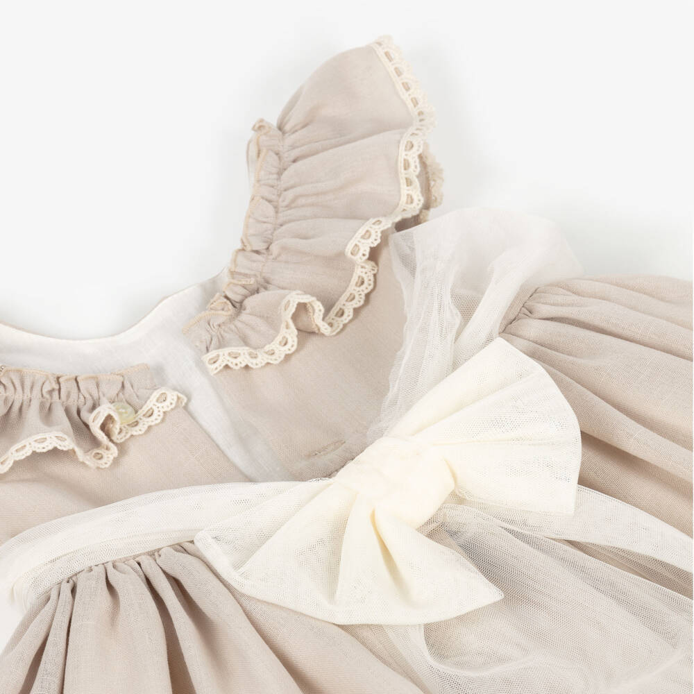 Abuela Tata-Girls Beige Dress with Ivory Lace & Tulle Trims | Childrensalon