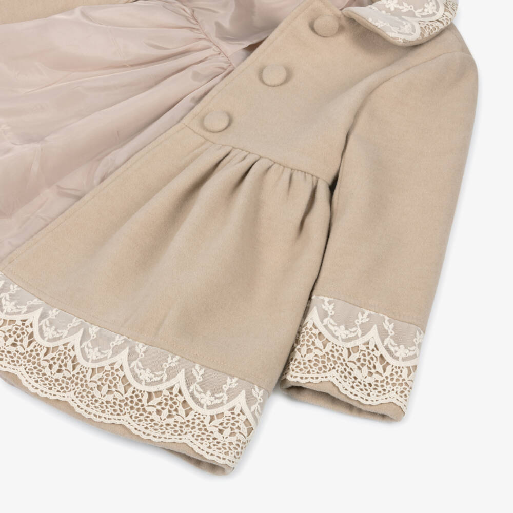 Abuela Tata-Girls Beige Felted Coat with Scalloped Ivory Lace Trims | Childrensalon