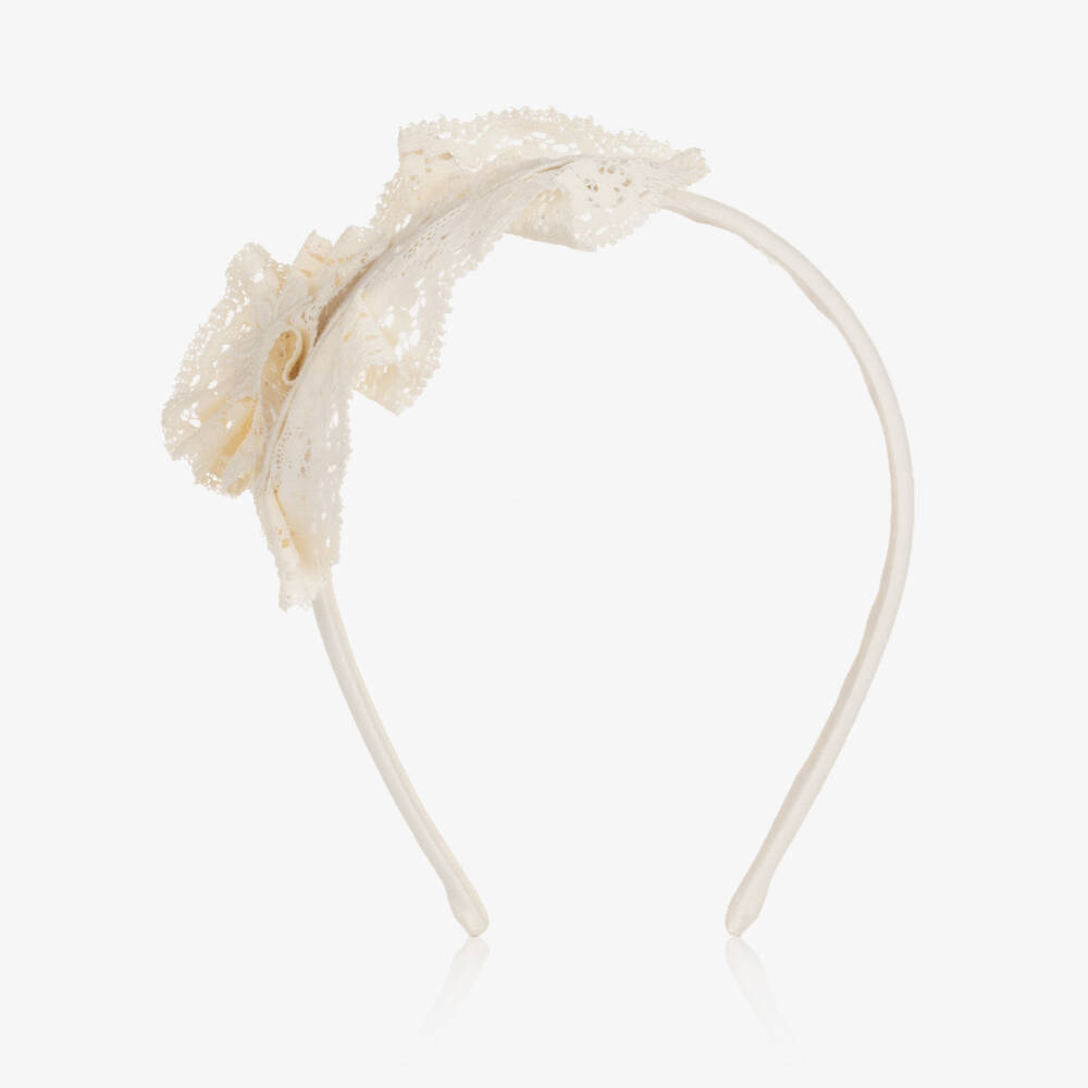 Abuela Tata-Girls Beige & Ivory Lace Rosette Hairband | Childrensalon