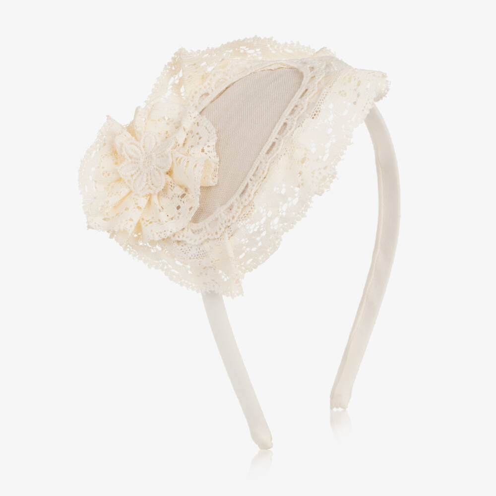 Abuela Tata-Girls Beige & Ivory Lace Rosette Hairband | Childrensalon