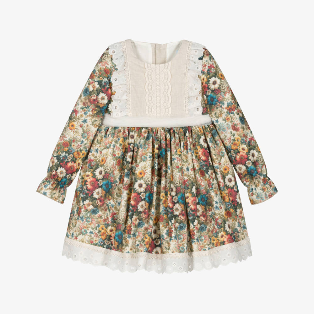 Abuela Tata-Girls Beige & Multicoloured Vintage Floral Print Dress | Childrensalon