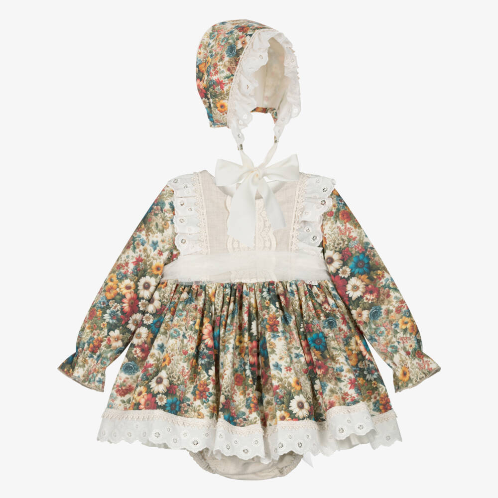 Abuela Tata-Girls Beige & Multicoloured Vintage Floral Print Dress Set | Childrensalon