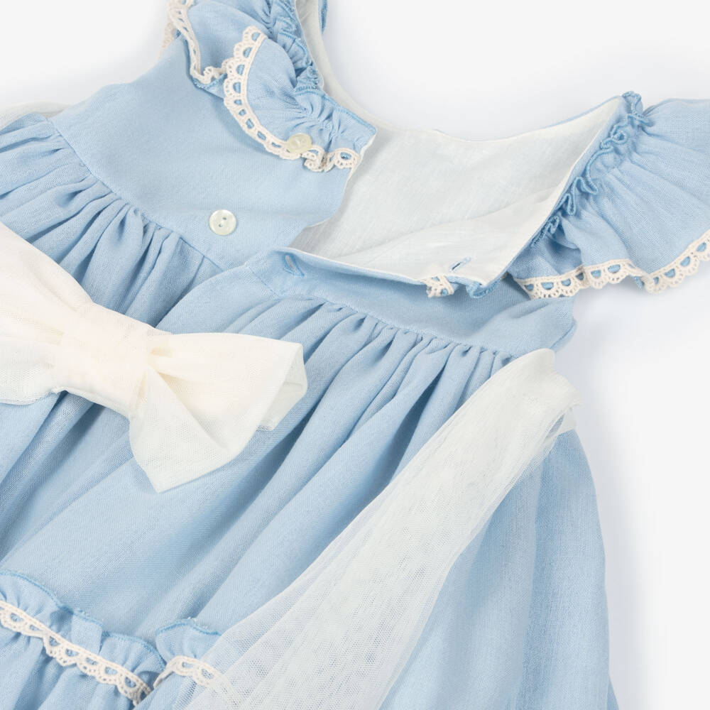 Abuela Tata-Girls Blue Cotton Dress with Ivory Lace & Tulle Trim | Childrensalon