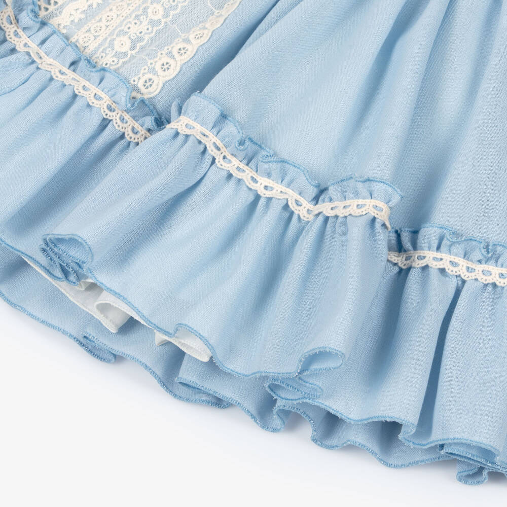 Abuela Tata-Girls Blue Cotton Dress with Ivory Lace & Tulle Trim | Childrensalon