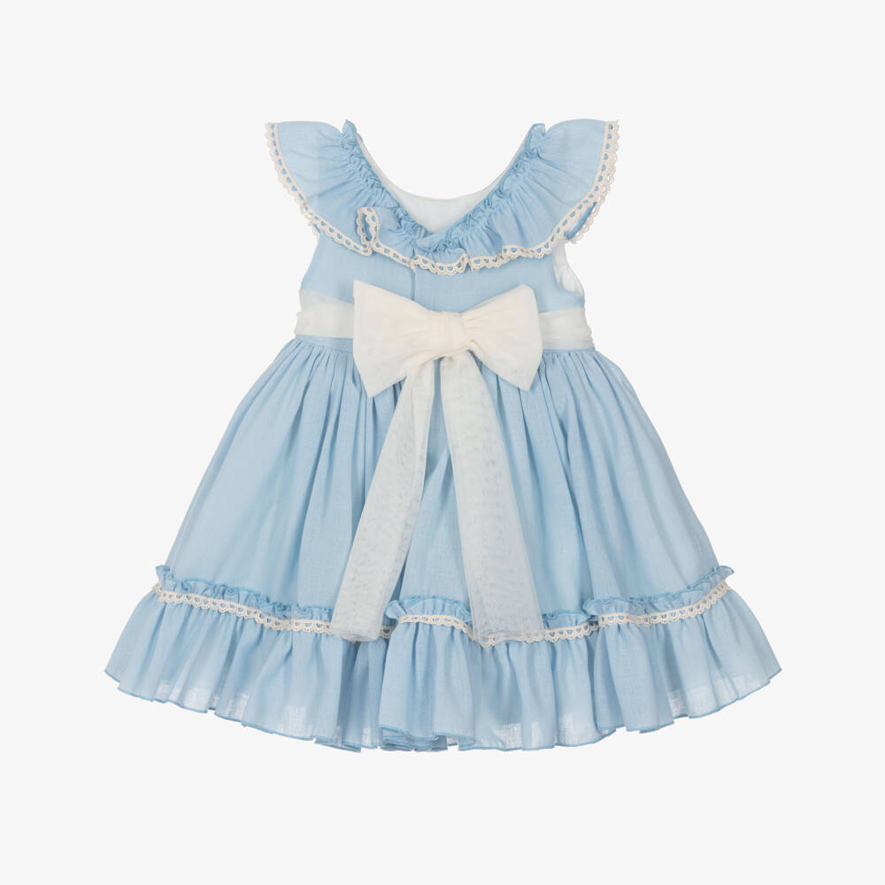 Abuela Tata-Girls Blue Cotton Dress with Ivory Lace & Tulle Trim | Childrensalon