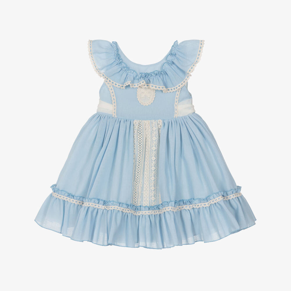 Abuela Tata-Girls Blue Cotton Dress with Ivory Lace & Tulle Trim | Childrensalon