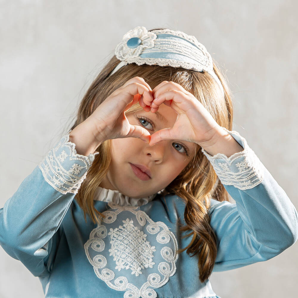 Abuela Tata-Ободок из голубого бархата и кремового кружева для девочек | Childrensalon