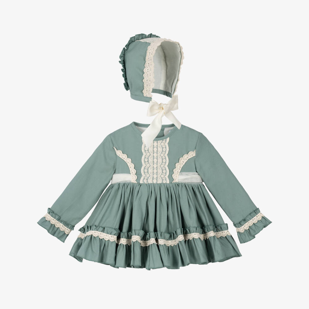 Abuela Tata-Girls Green Dress Set with Lace Trims | Childrensalon