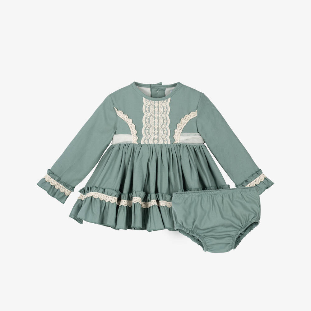Abuela Tata-Girls Green Dress Set with Lace Trims | Childrensalon