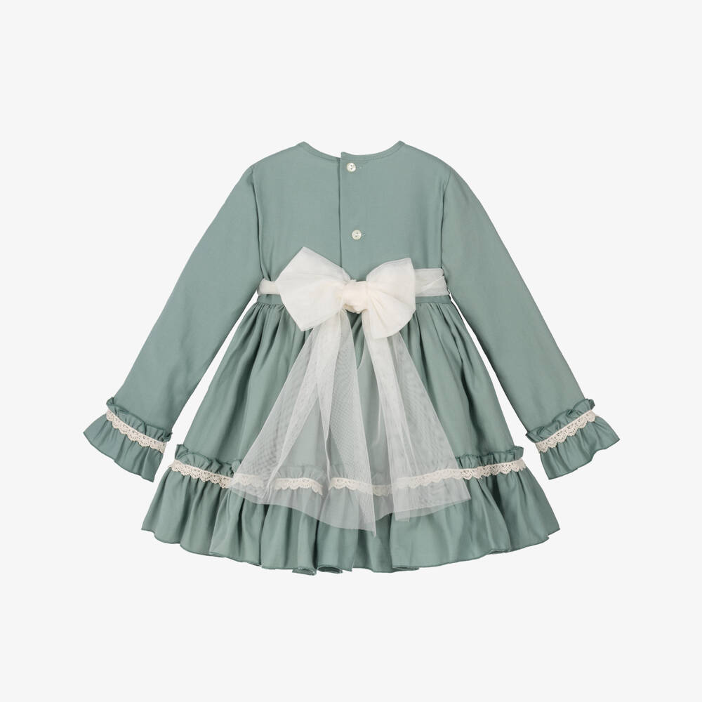 Abuela Tata-Girls Green Dress with Lace Trims | Childrensalon