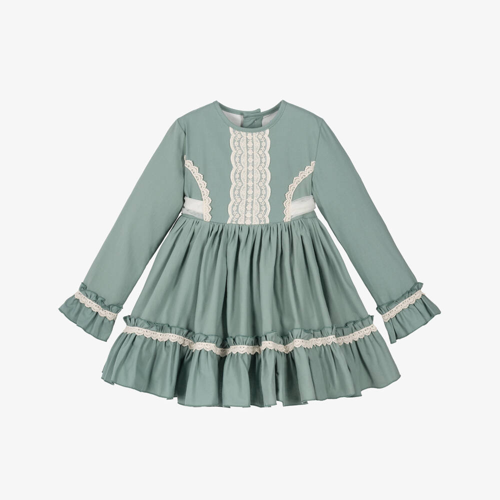 Abuela Tata-Girls Green Dress with Lace Trims | Childrensalon