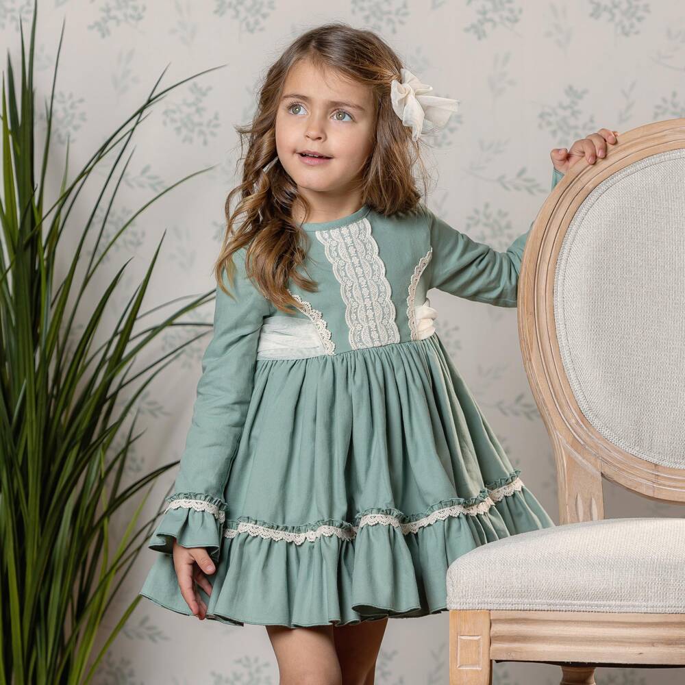 Abuela Tata-Girls Green Dress with Lace Trims | Childrensalon