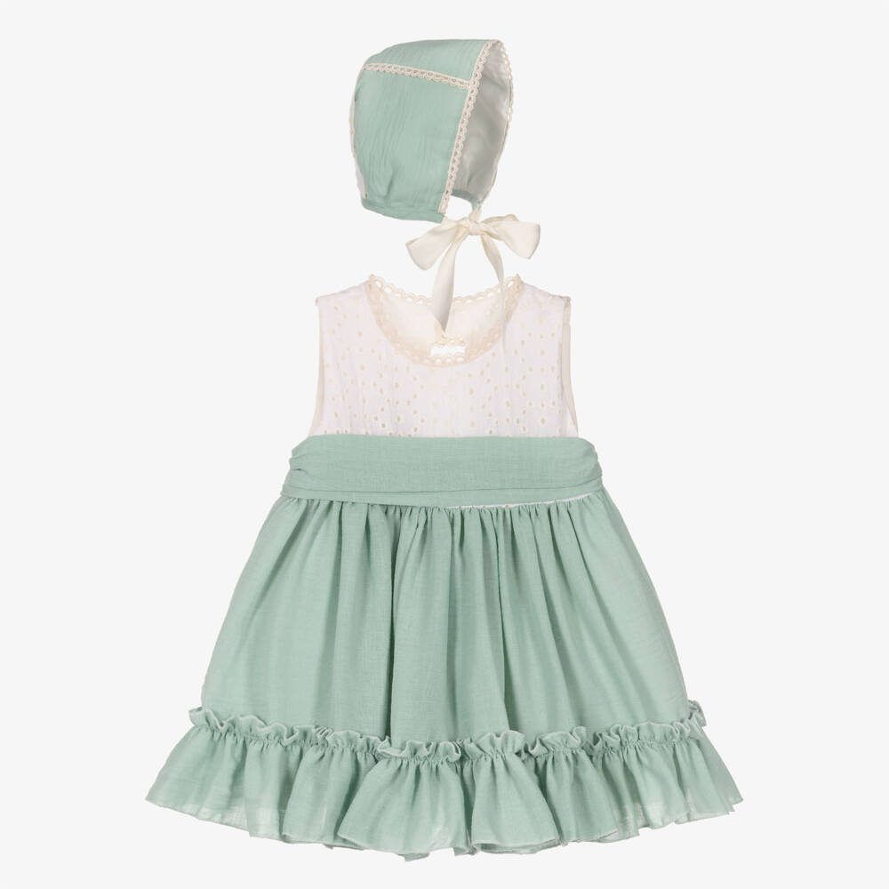 Abuela Tata-Girls Green & Ivory Cotton Dress Set | Childrensalon