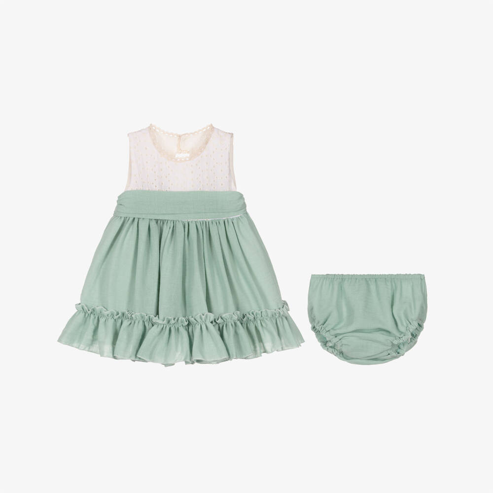 Abuela Tata-Girls Green & Ivory Cotton Dress Set | Childrensalon