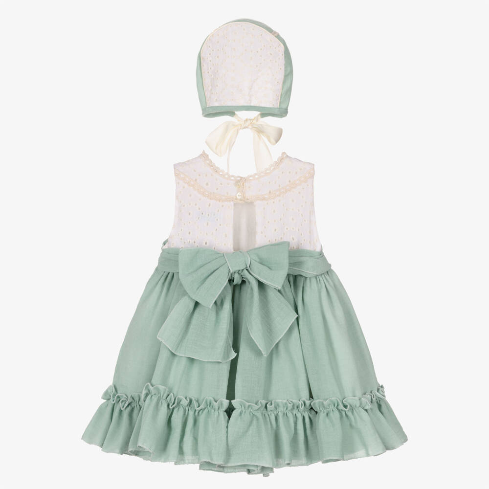 Abuela Tata-Girls Green & Ivory Cotton Dress Set | Childrensalon