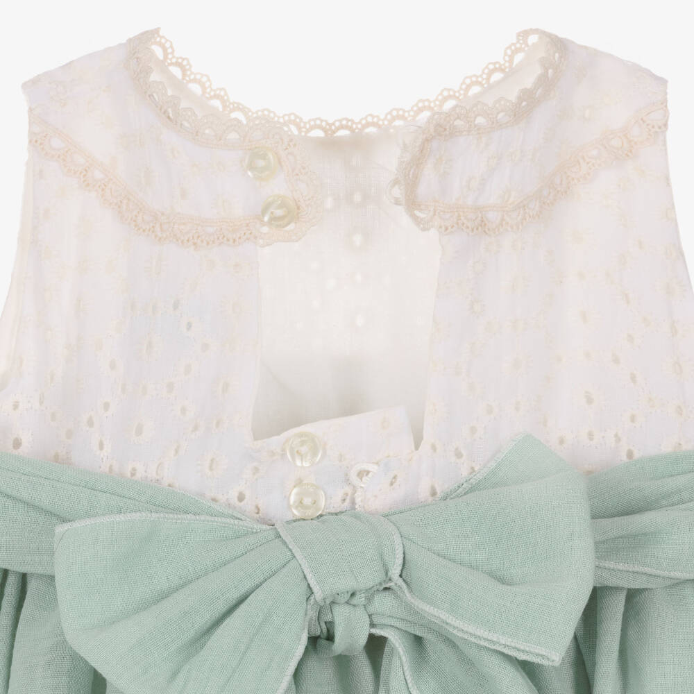 Abuela Tata-Girls Green & Ivory Cotton Dress Set | Childrensalon