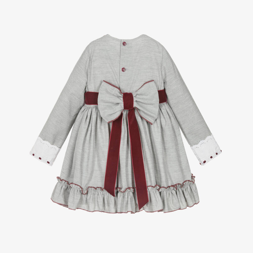 Abuela Tata-Girls Grey & Burgundy Red Cotton Dress with Lace Trims | Childrensalon