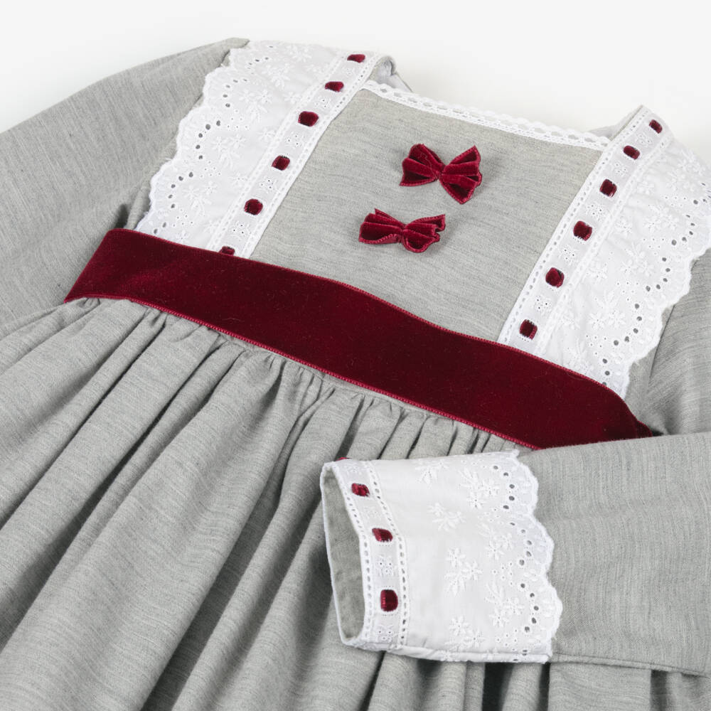 Abuela Tata-Girls Grey & Burgundy Red Cotton Dress with Lace Trims | Childrensalon