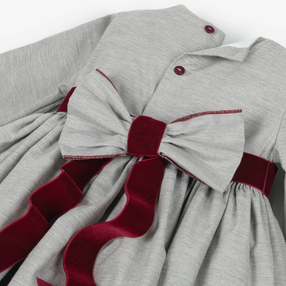 Abuela Tata-Girls Grey & Burgundy Red Cotton Dress with Lace Trims | Childrensalon