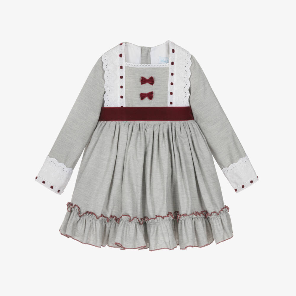 Abuela Tata-Girls Grey & Burgundy Red Cotton Dress with Lace Trims | Childrensalon