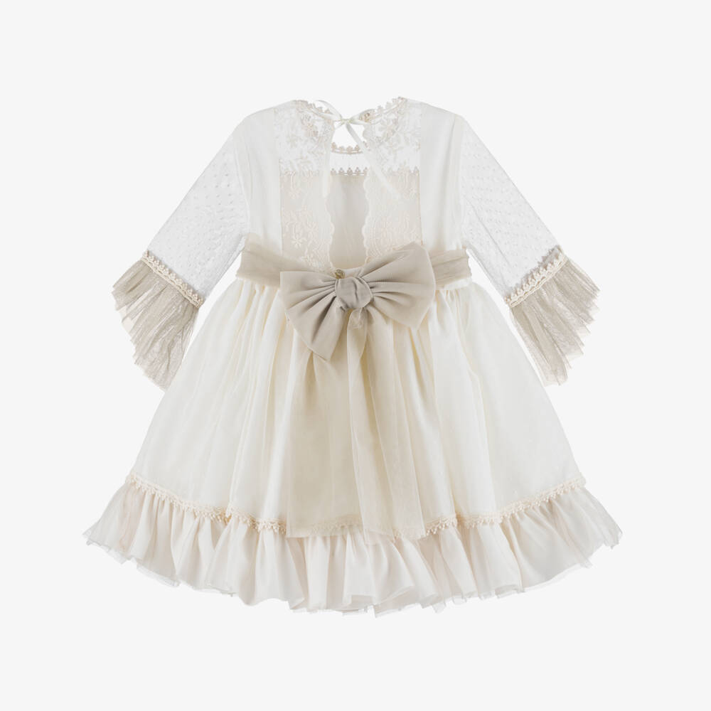 Abuela Tata-Girls Ivory & Beige Embroidered Tulle & Lace Dress | Childrensalon