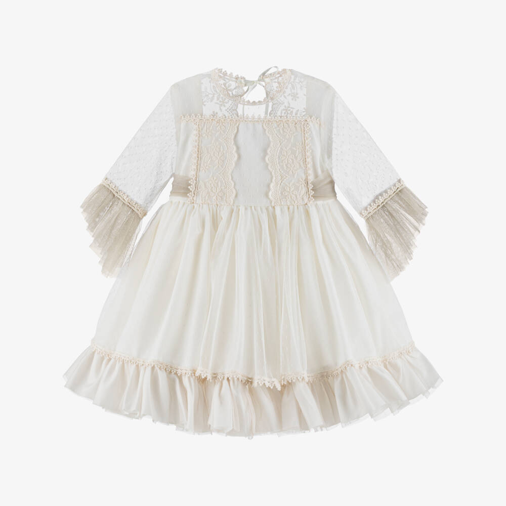 Abuela Tata-Girls Ivory & Beige Embroidered Tulle & Lace Dress | Childrensalon
