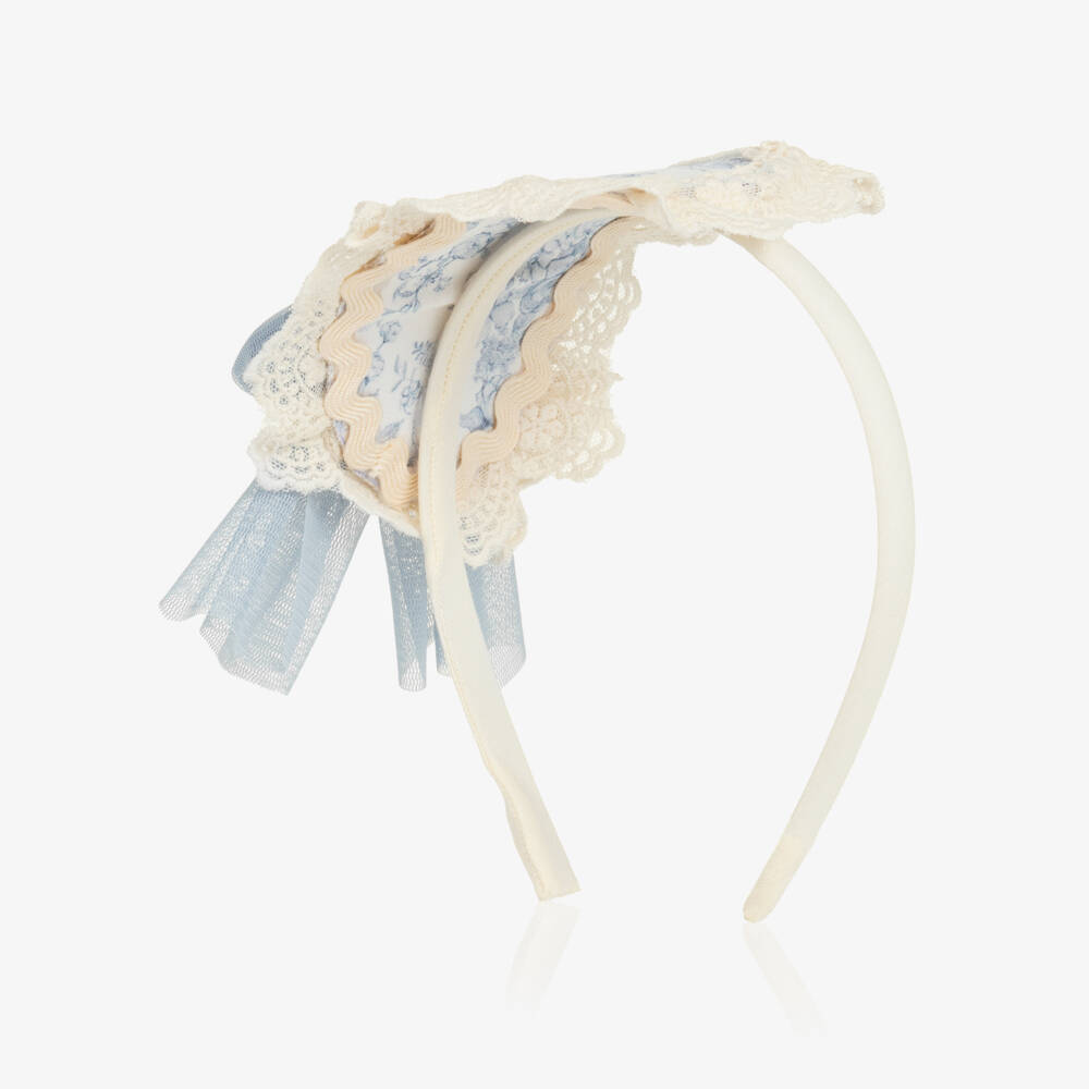 Abuela Tata-Girls Ivory & Blue Floral Print Rosette Hairband | Childrensalon