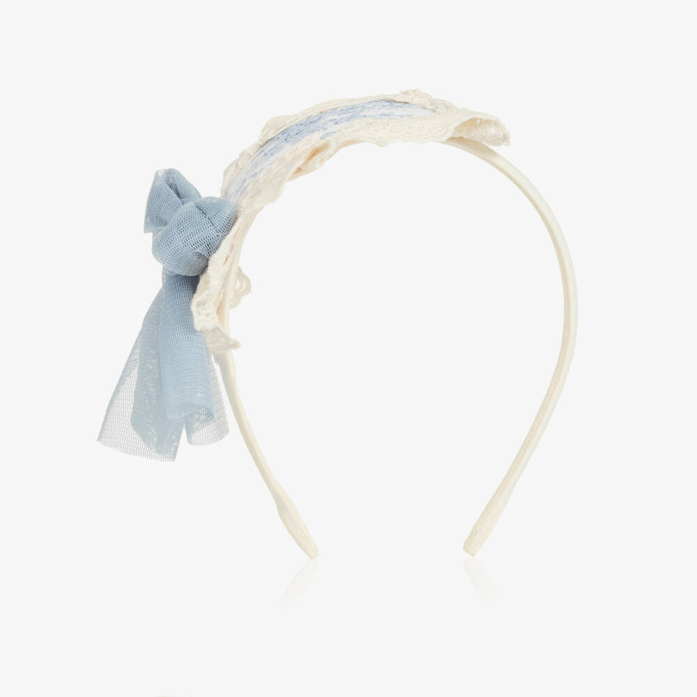 Abuela Tata-Girls Ivory & Blue Floral Print Rosette Hairband | Childrensalon
