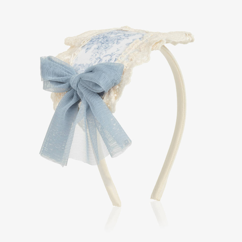 Abuela Tata-Girls Ivory & Blue Floral Print Rosette Hairband | Childrensalon