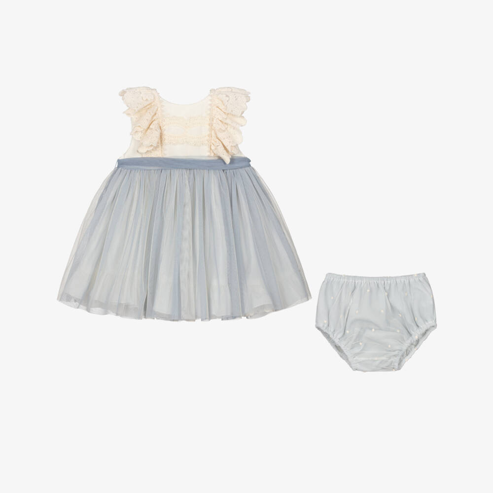 Abuela Tata-Girls Ivory & Blue Tulle Dress Set | Childrensalon