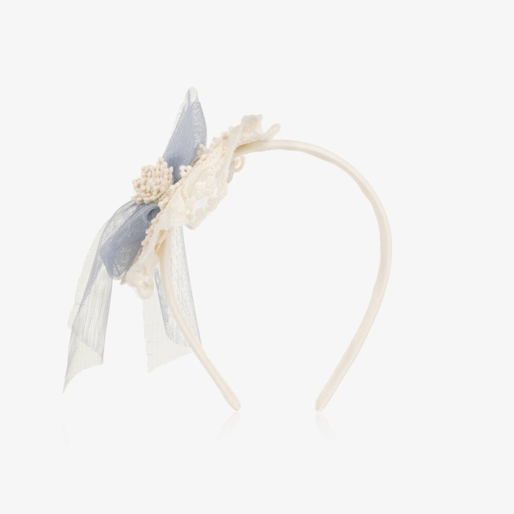 Abuela Tata-طوق شعر مزين بوردة دانتيل لون عاجي وأزرق للبنات | Childrensalon