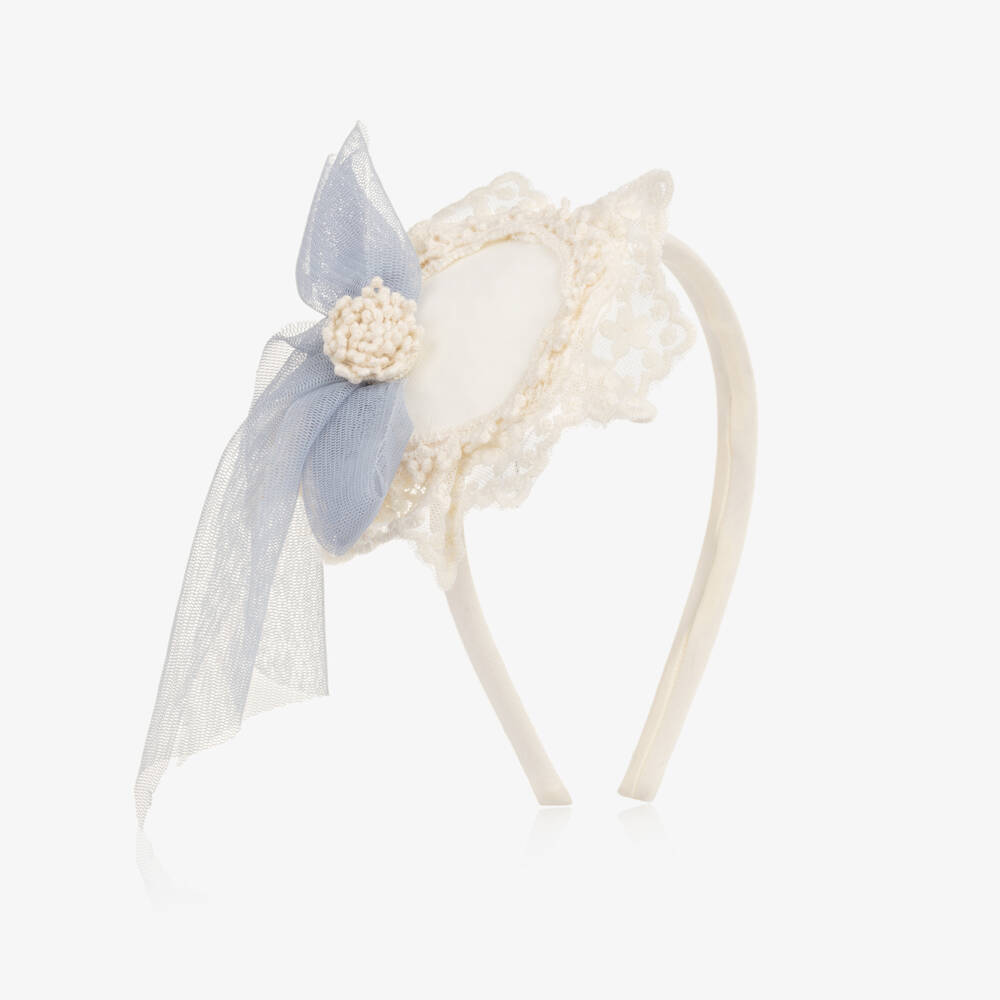 Abuela Tata-Girls Ivory & Dusky Blue Lace Rosette Hairband | Childrensalon