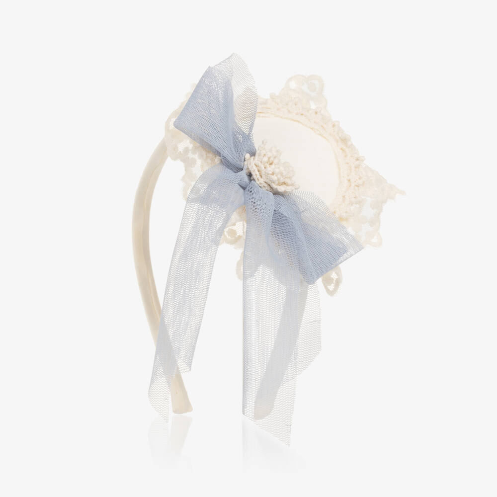 Abuela Tata-طوق شعر مزين بوردة دانتيل لون عاجي وأزرق للبنات | Childrensalon