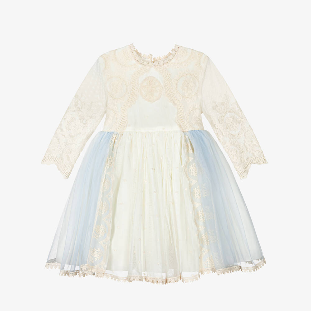 Abuela Tata-Girls Ivory Embroidered Tulle Dress with A Hint of Blue | Childrensalon