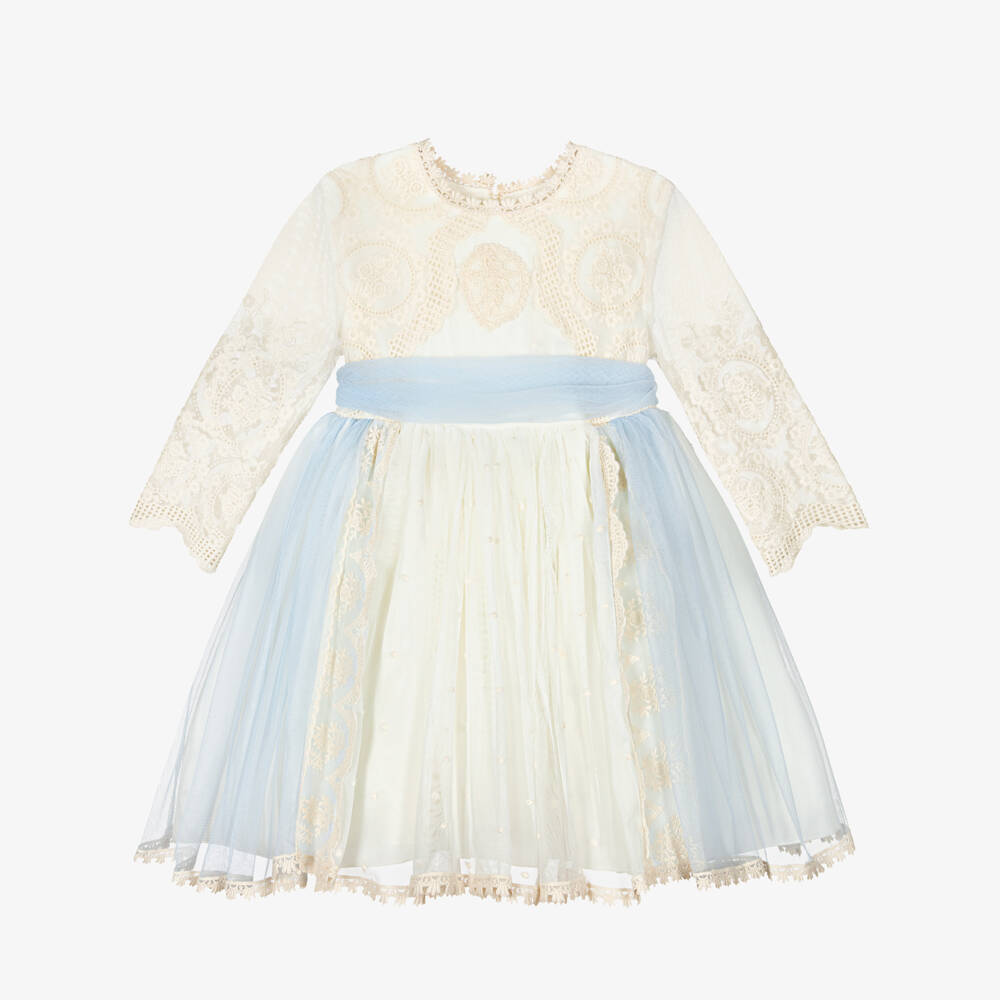 Abuela Tata-Girls Ivory Embroidered Tulle Dress with A Hint of Blue | Childrensalon