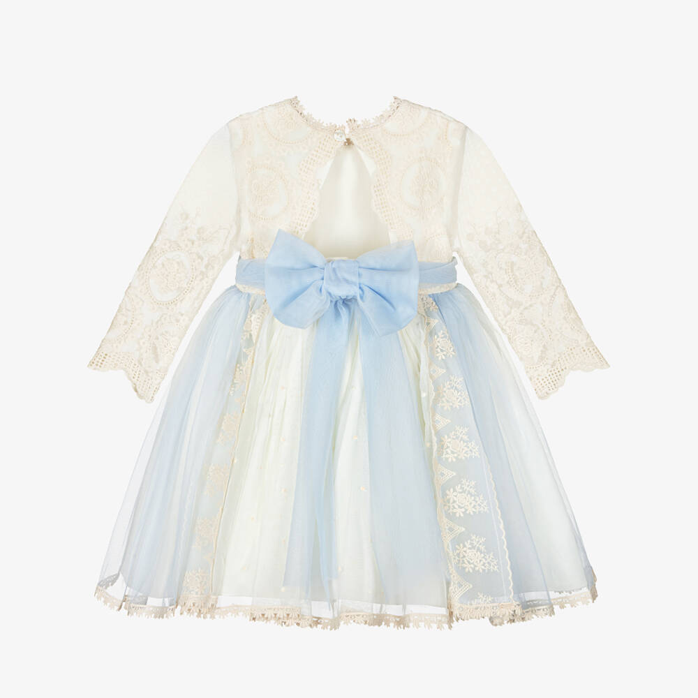 Abuela Tata-Girls Ivory Embroidered Tulle Dress with A Hint of Blue | Childrensalon