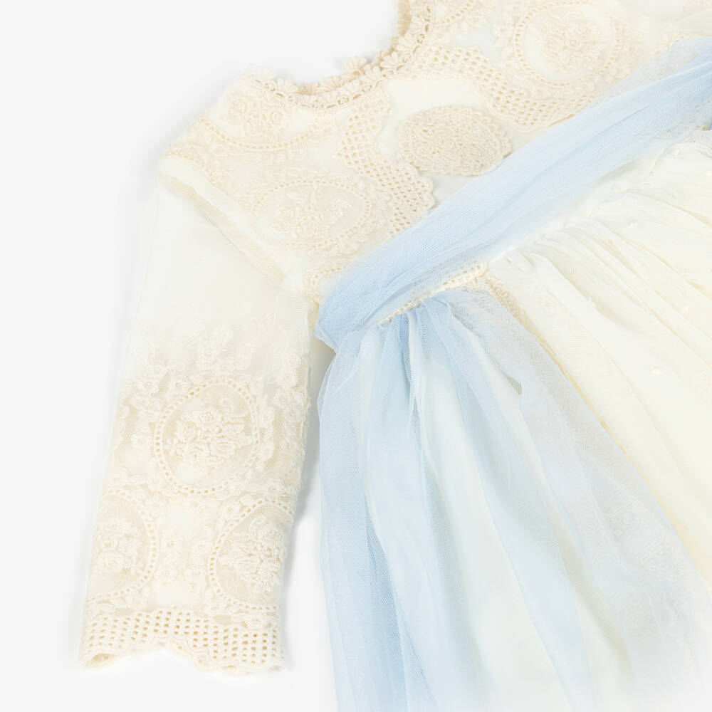 Abuela Tata-Girls Ivory Embroidered Tulle Dress with A Hint of Blue | Childrensalon