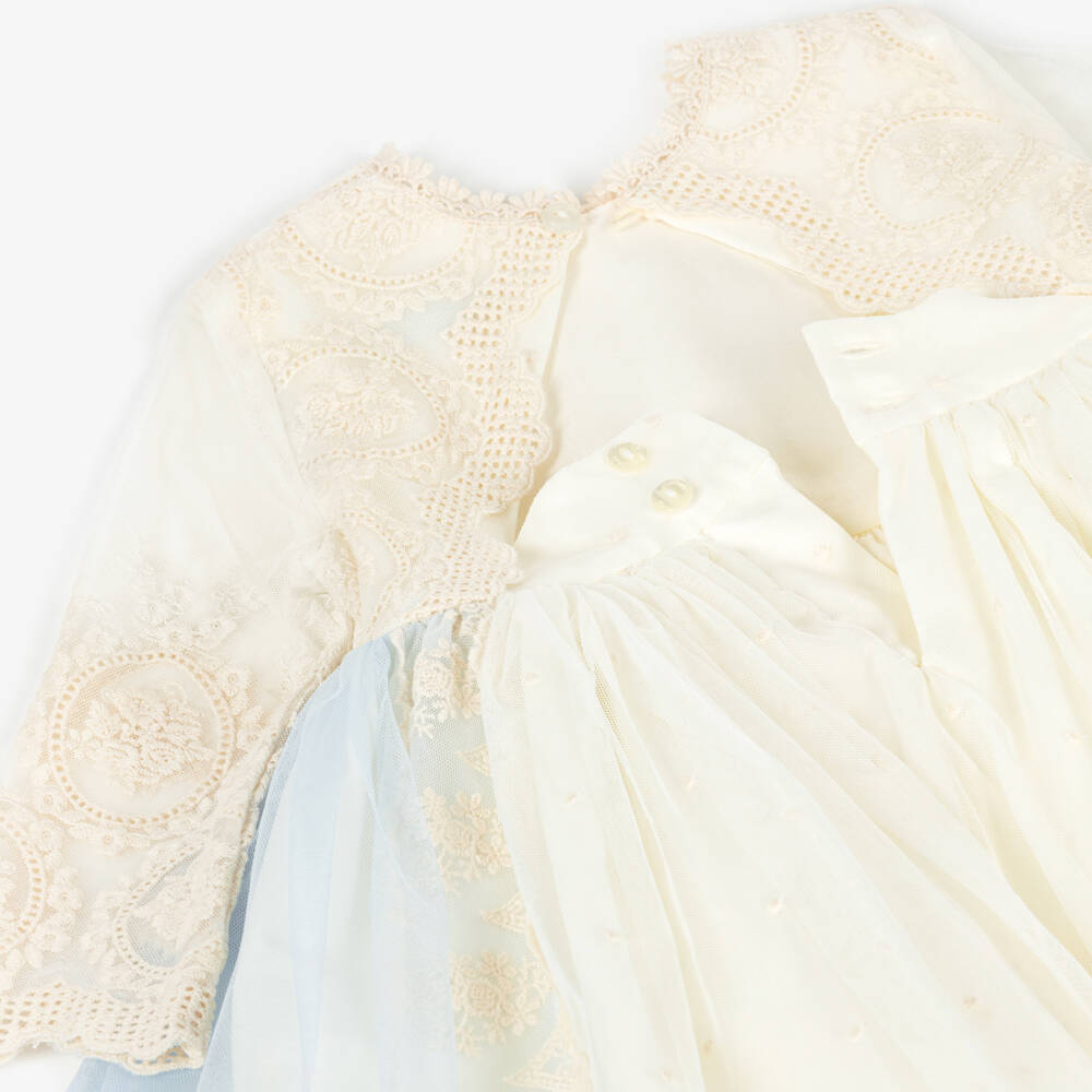 Abuela Tata-Girls Ivory Embroidered Tulle Dress with A Hint of Blue | Childrensalon