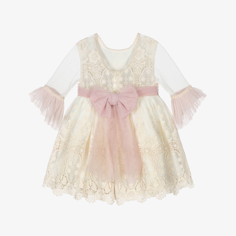 Abuela Tata-Girls Ivory Embroidered Tulle Dress with a Hint of Pink | Childrensalon