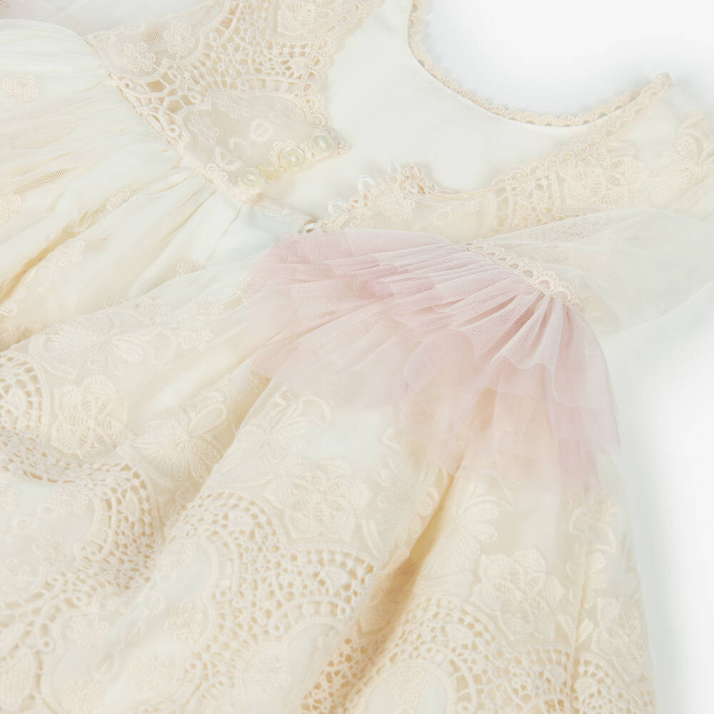 Abuela Tata-Girls Ivory Embroidered Tulle Dress with a Hint of Pink | Childrensalon