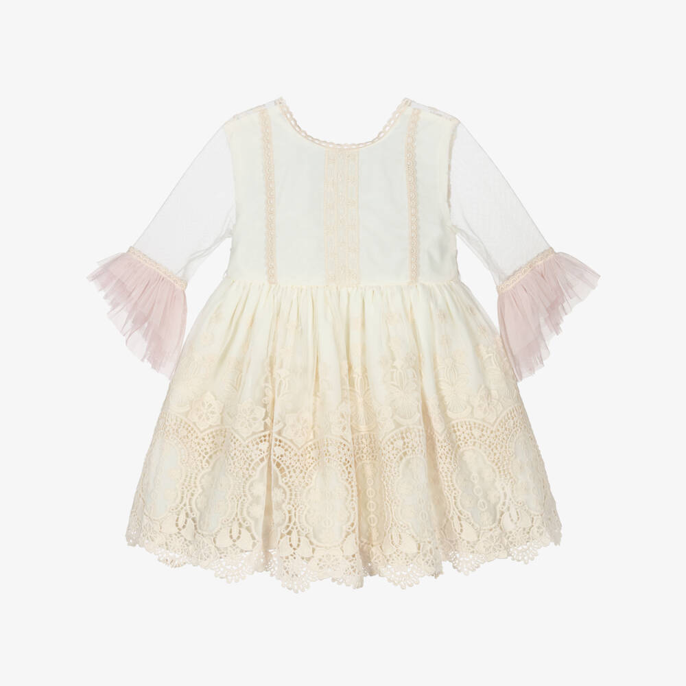 Abuela Tata-Girls Ivory Embroidered Tulle Dress with a Hint of Pink | Childrensalon